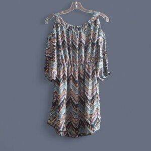 Xtaren Cold Shoulder Fit Flare Mini Dress Multicolor Chevron Tribal Print M